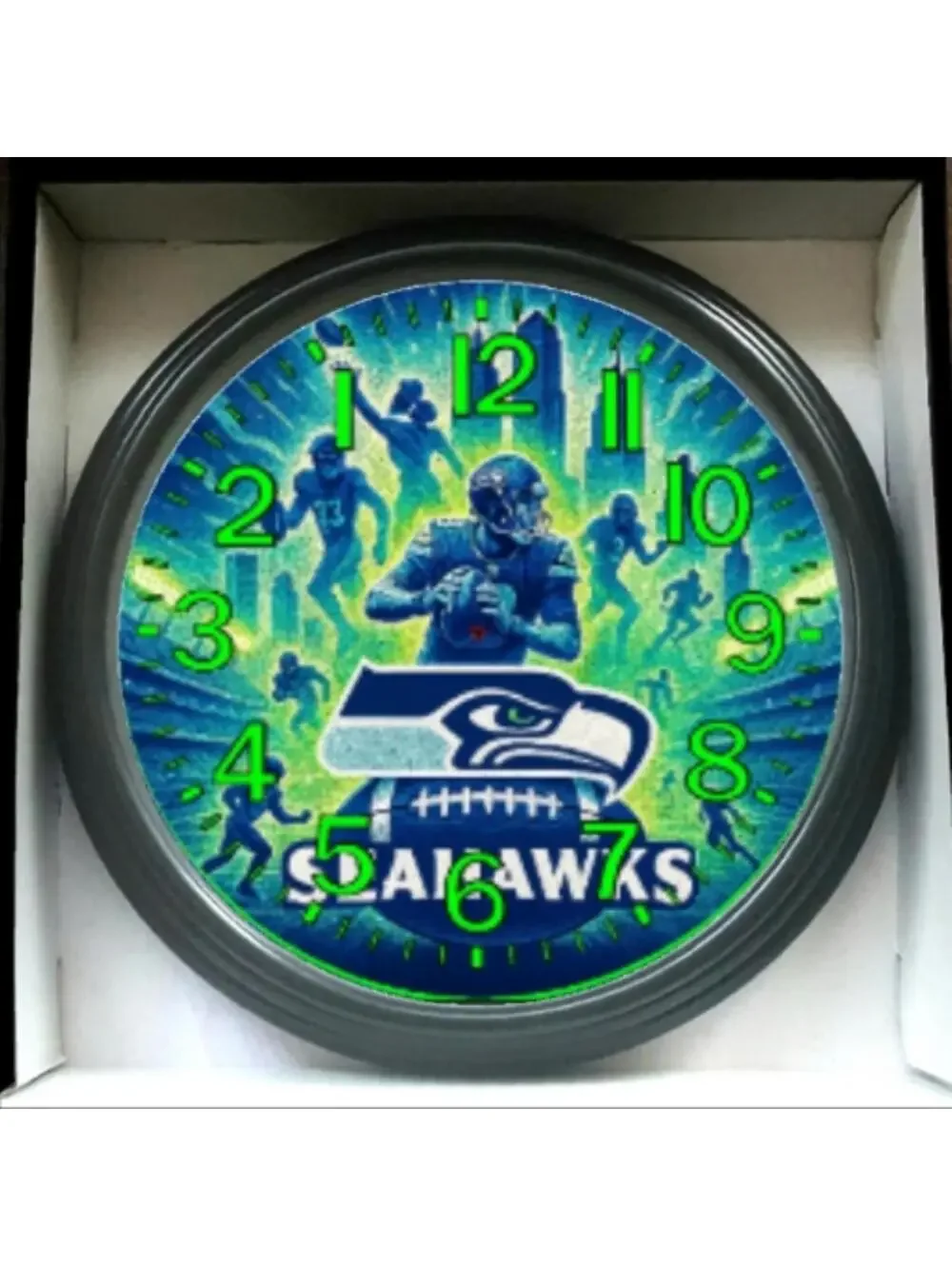 REVERSE TICKING CLOCK NEW SEATTLE SEAHAWKS Glow In The Dark Wall Clock New!